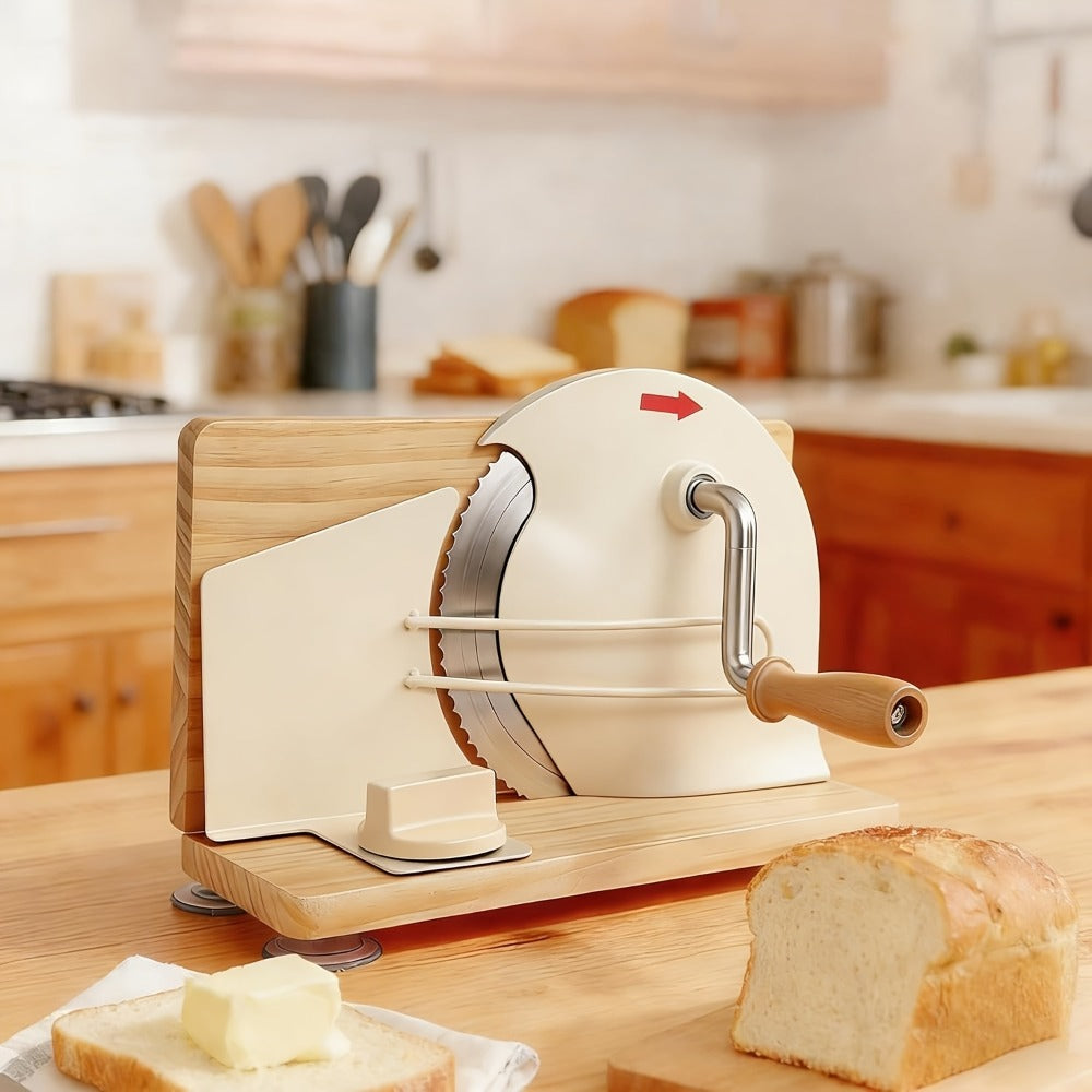 Bread Slicer Manual Adjustable Thickness Uniform Slices Hand Crank Serrated Blade Suction Base Measurement Markings for Sourdough Artisan Homemade Bread Loaf - product image