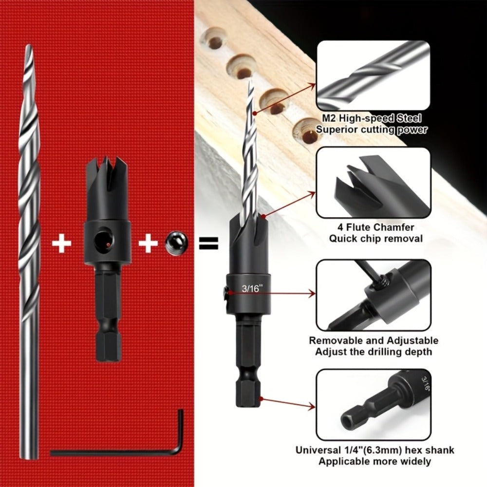 5pcs Countersink Drill Bit Set #4 #6 #8 #10 #12 Tapered with 1/4" Hex Shank Quick-Change – Adjustable Wood Counter Sinker Bits with Allen Wrench for Woodworking - product image 5
