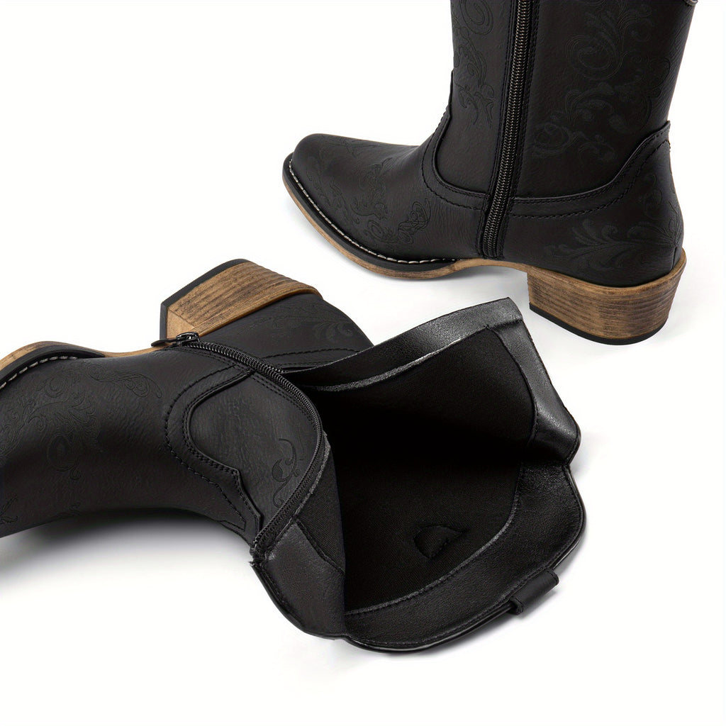 Women's Western Cowgirl Boots - Low Chunky Heel Square Toe Ankle Booties with French Heel & TPR Sole, Retro Round/for - Cowboy Boots for Ranch, Festival, Casual Wear (Zipper Closure), Women Shoes