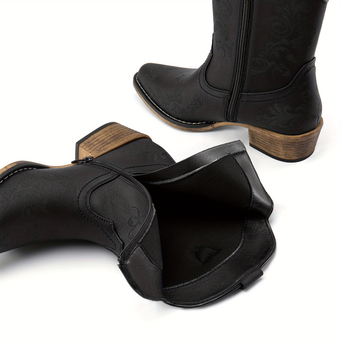 Women's Western Cowgirl Boots - Low Chunky Heel Square Toe Ankle Booties with French Heel & TPR Sole, Retro Round/for - Cowboy Boots for Ranch, Festival, Casual Wear (Zipper Closure), Women Shoes