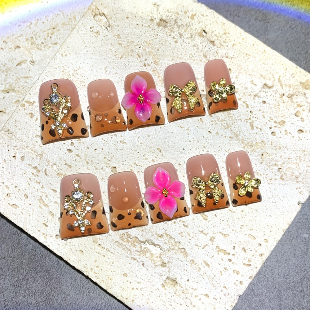 Press On Nails 5D Carved Duckbill Shape Medium Length Brown Pink Gradient Flower Milk Pattern Glossy Handmade Autumn Winter Fake Nails 10pcs Salon Quality UV Protected for Party Ba - product image 4