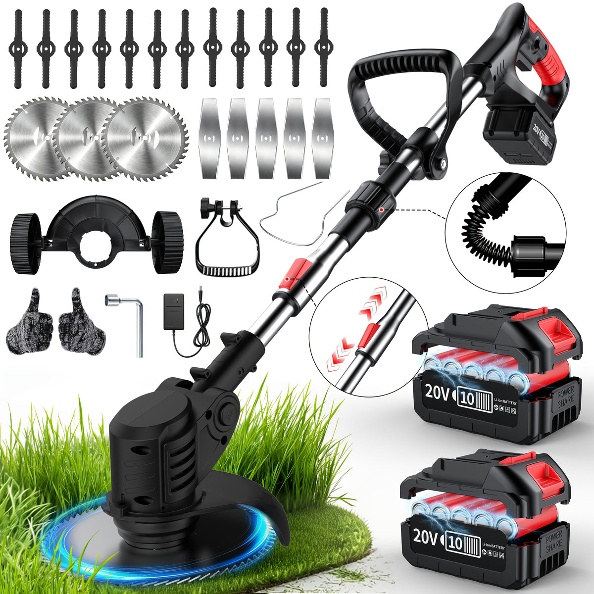 Portable Cordless Electric Lawn Mower, 3-in-1 Trimmer Edger Shrub Cutter W/ Adjustable Height & Rotating Head 3 Blades & 2 High-Capacity Lithium Batteries - product image 13