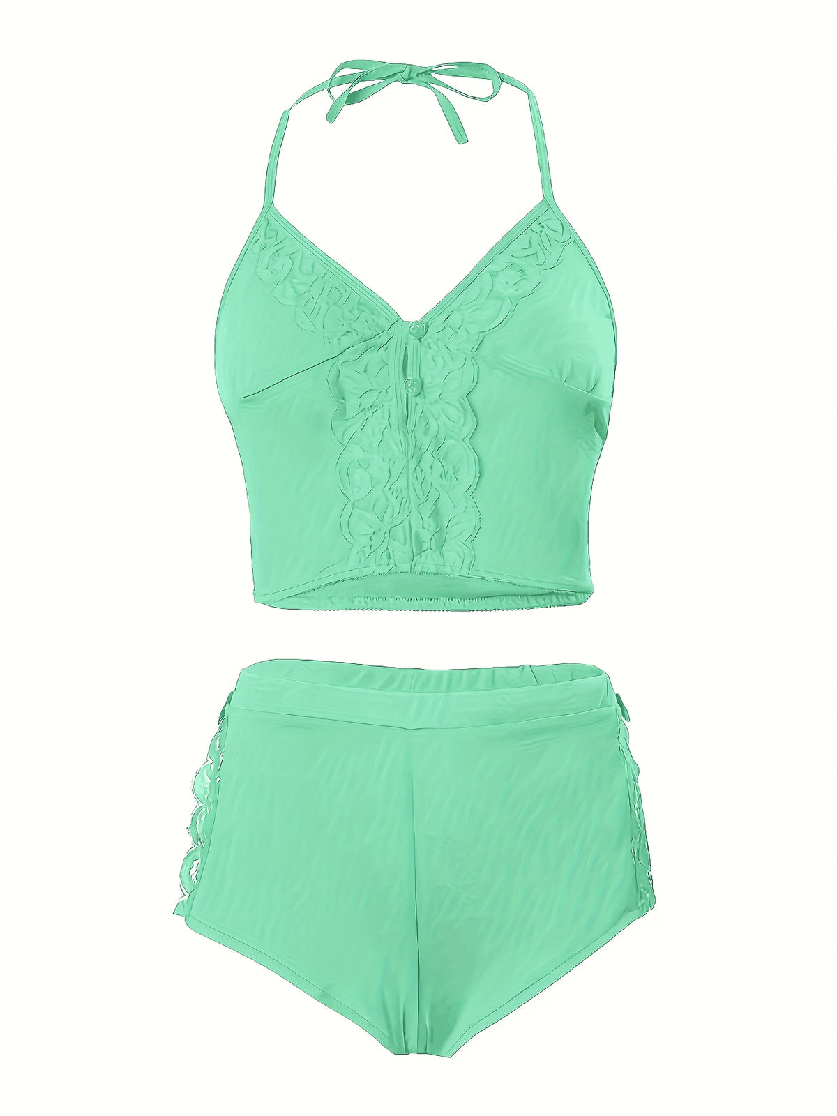 Solid Color Lace Splicing Halter Neck Tie Backless Button Splicing Bilateral Side Opening Lace Splicing Soft -friendly Sexy Home Pajamas Set - product image 34