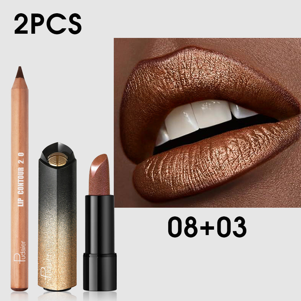Golden Lipstick Set with Lip Liner Pencil 2 Piece — Brown Shimmer Lipstick and Nude Lip Liner, Viral Fall Makeup Kit Luxury Press Gold Lip Color for Women, Perfect Beauty Gift - product image 10