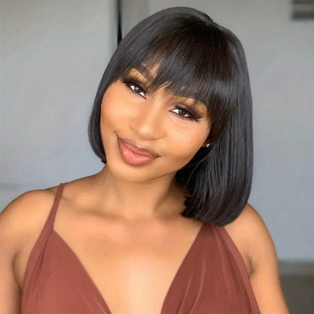 Brazilian Human Hair Bob Wig No Glue 200% Density Full Machine Made Straight with Bangs for Women | Natural Black 8 10 12 16 Inch | Glueless Beginner Friendly - product image 3