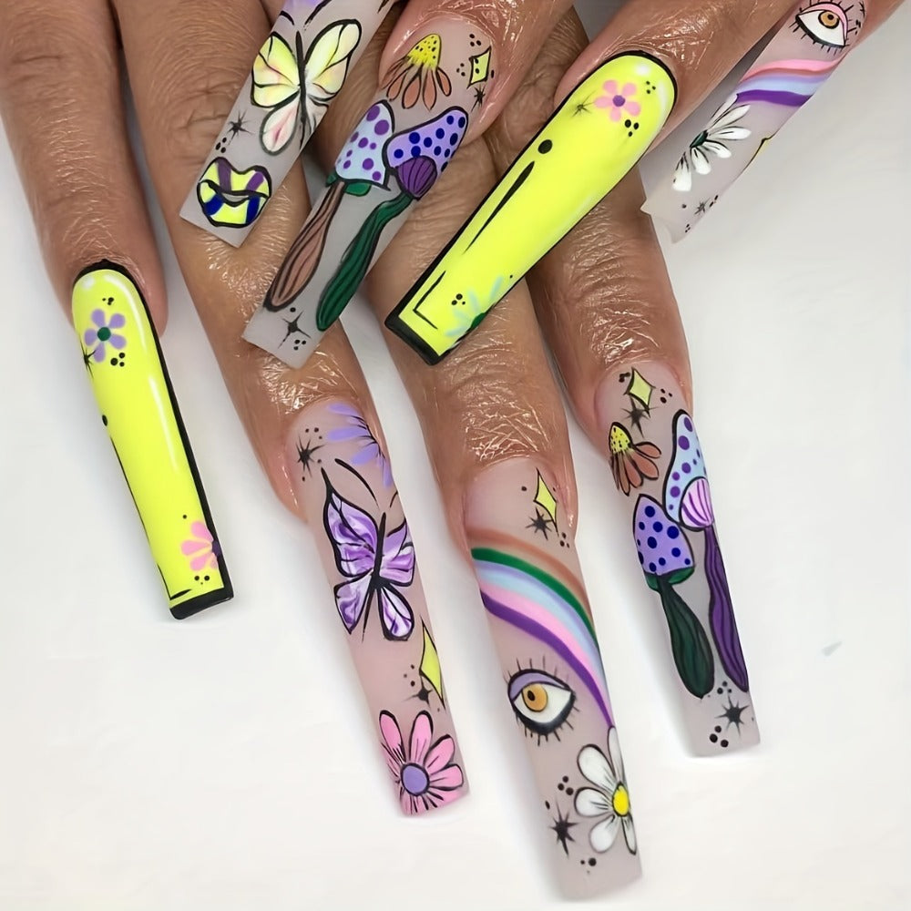 Press On Nails Set 120pcs 5 Boxes Extra Long Cosmic Eyes Crystal Rhinestones Matte Colorful Stripes Floral Glue-On Wearable Nail Art Variety Pack Festive Gift for Women Teens Party - product image 10
