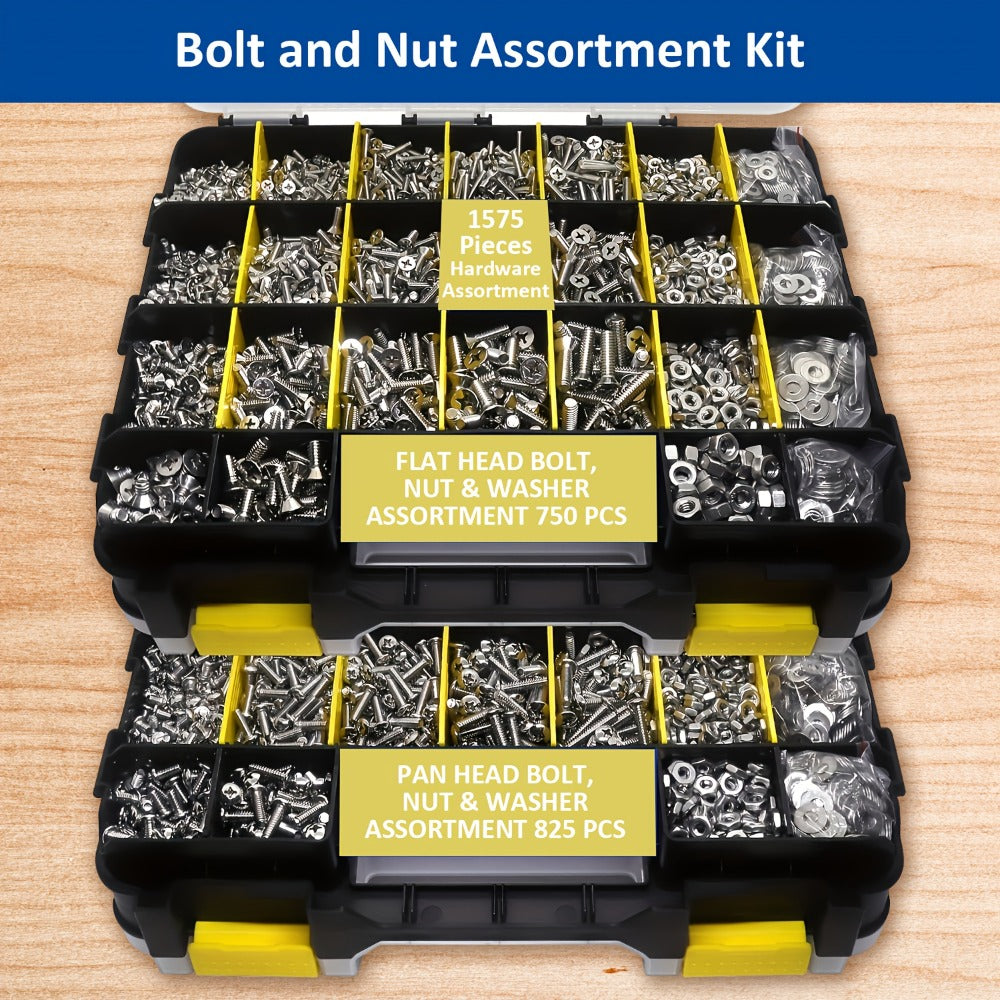 1575pcs 304 Stainless Steel Nuts and Bolts Assortment Kit – Pan Head Flat Head Screws Nuts Washers with Double-Sided Storage Box for Home & Mechanical Repairs - product image 3