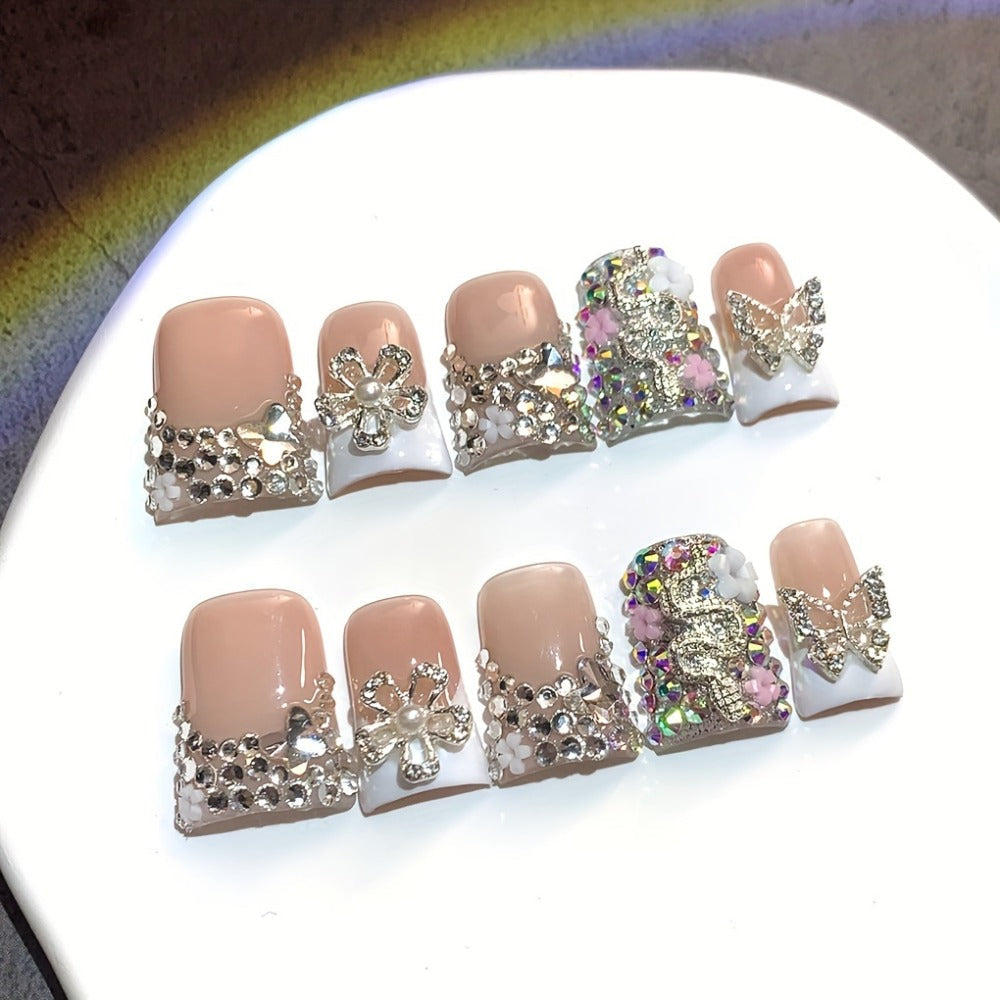 Ugly Cute Duckbill Press On Nails White French Style – Colorful AB Iridescent Floral Full Cover Handmade Acrylic Fake Nails for Daily Use, Parties & Birthday Gifts, 10pcs S/M/L - product image 3