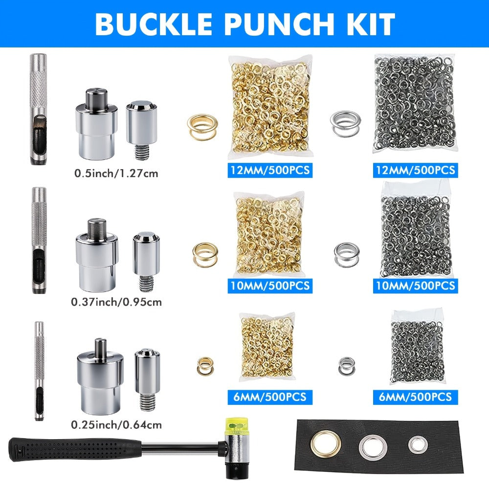 Grommet Machine Kit Heavy Duty Eyelet Punch Tool Set – 3 Setting Dies 3 Punching Dies 6mm 10mm 12mm Hand Press with 3000 Silver & Gold Grommets for Fabric Leather Canvas Tarp Craft - product image 10