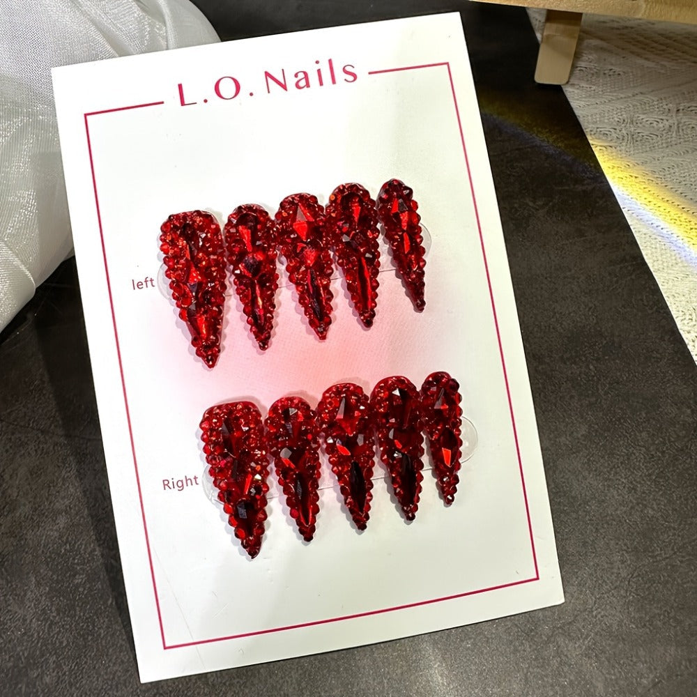 Long Press On Nails Water Drop Shape 10pcs 1.3 Inch Y2K Big Red Glass Glitter Luxury Handmade Reusable Salon Quality Spring Summer Wedding Party Birthday Gift Fake Nails S M L Size - product image 8