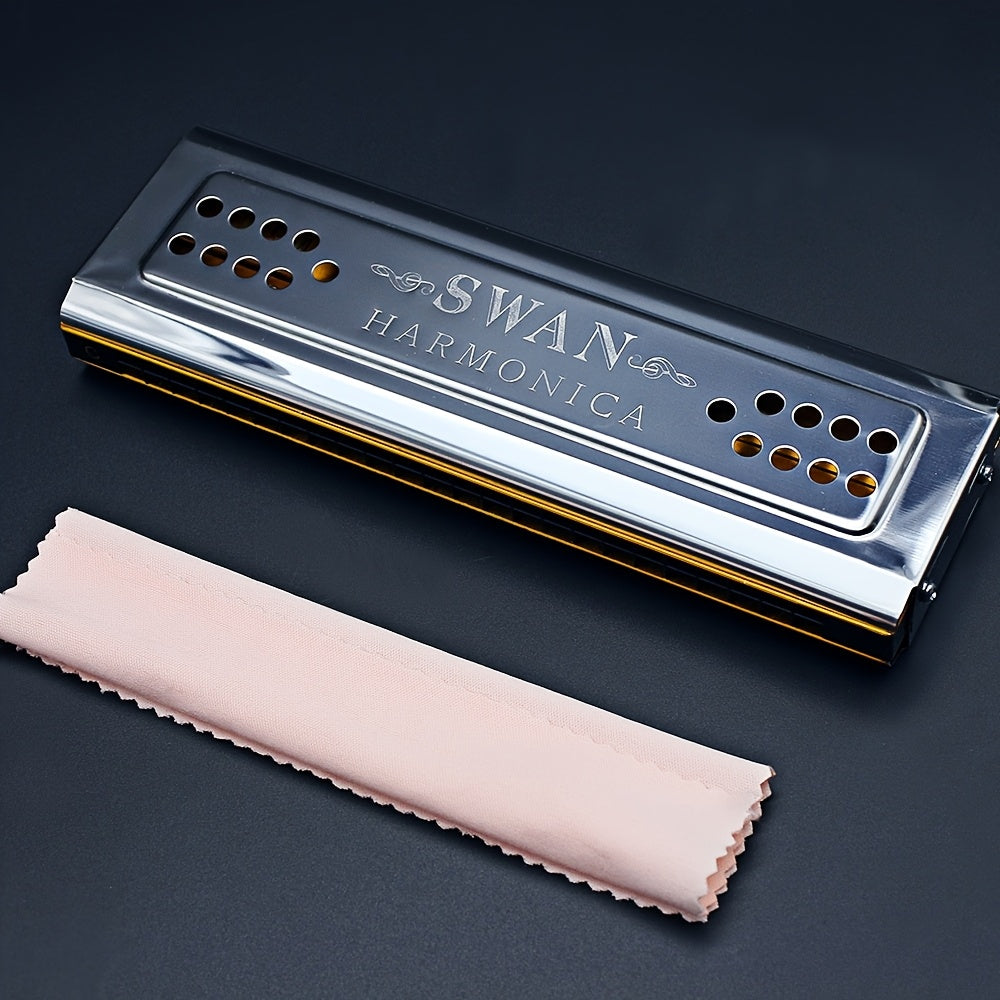 Swan 24-Hole C&G Tuned Diatonic Harmonica, Double-sided Metal with Polished Finish, Includes Cleaning Cloth and Box (Cleaning Cloth Color May Vary) - Swan Harmonica for Beginners and Professionals