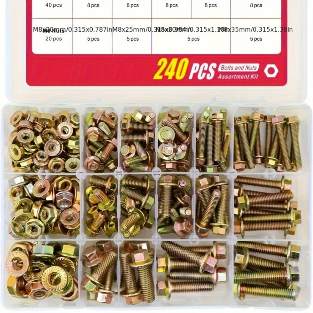 Metric Flange Bolt Nut Assortment Kit 240pcs – M5 M6 M8 Alloy Steel Hex Screws & Nuts Set in 14 Sizes Corrosion-Resistant for DIY Repair Automotive Machinery with Clear Storage Box - product image