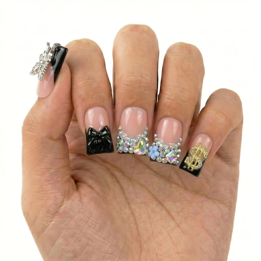 Black Nude Duckbill Press On Nails Medium Length – Glitter AB Rhinestone & Liquid Metal Butterfly Colorblock Handcrafted Acrylic Nail Set for Parties, Date Night & Daily Wear, 10pc - product image 2