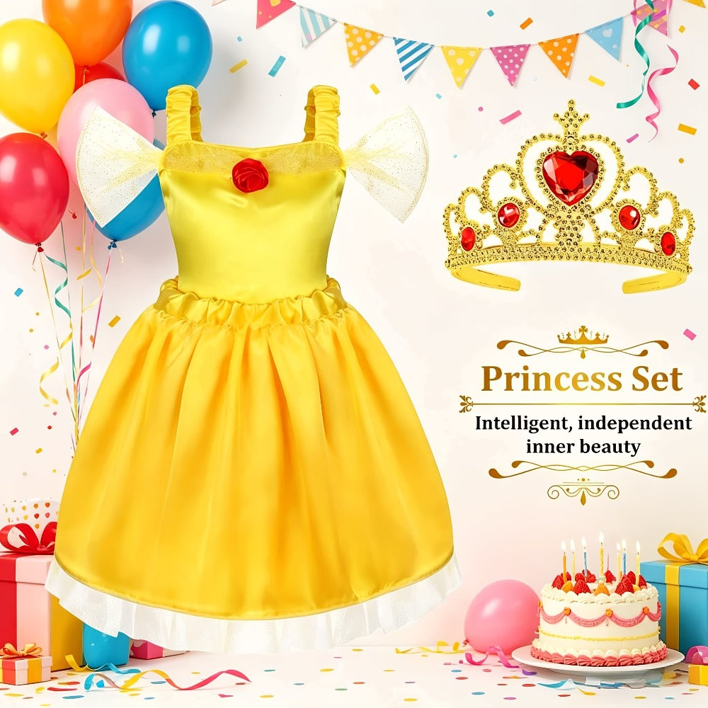 5 Role Play Outfits with Crowns, Earrings & Storage Box, Toddler Princess Costumes for Girls Ages 3-6, Birthday Gift | Girls Princess Dress Up Costume Set 14pcs