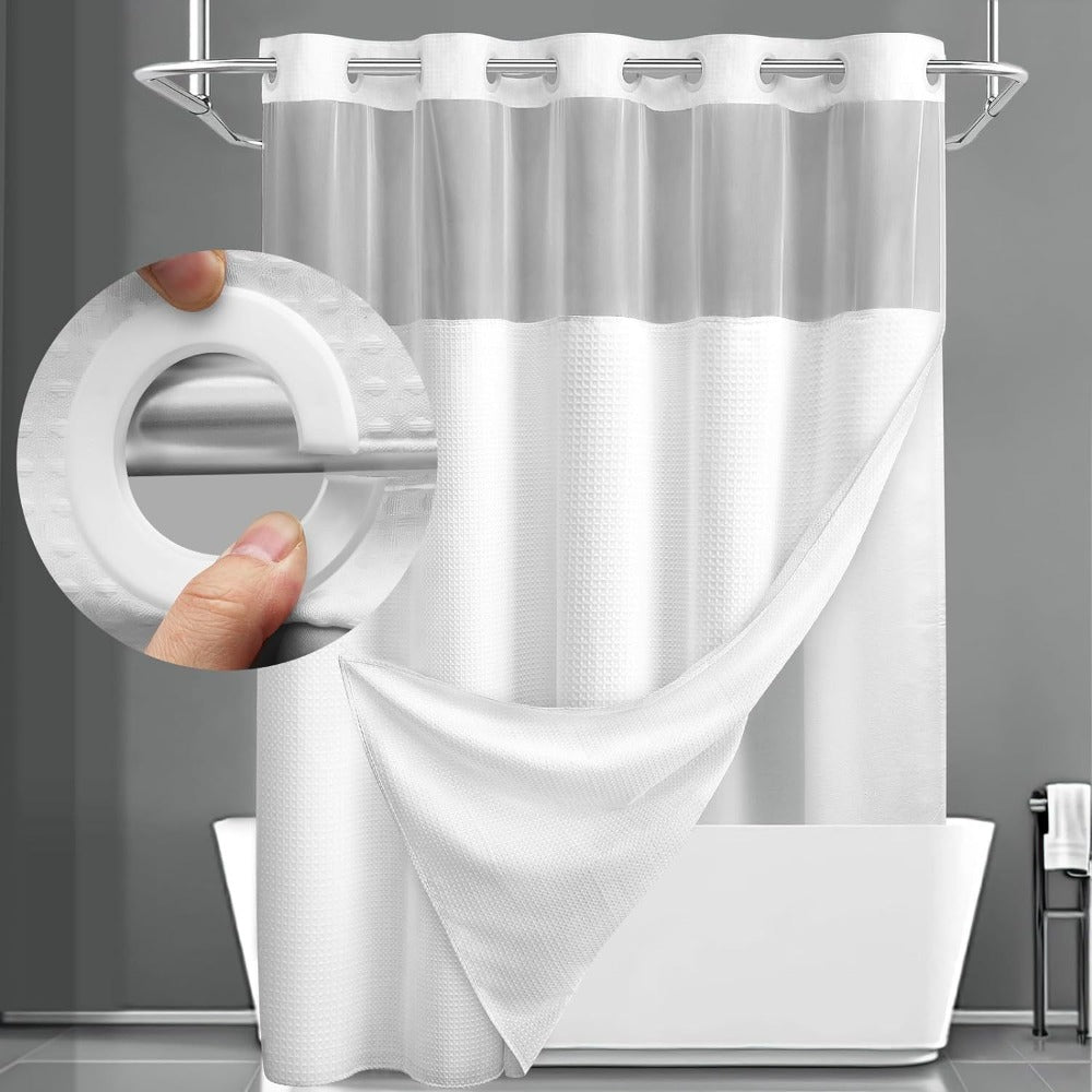 Hookless Shower Curtain with Snap Liner 74x71 Inch - Waffle Texture Double Layer with See-Through Window Waterproof Washable Hotel Quality Bathroom Curtain Set | Grey White Matcha  - product image 11