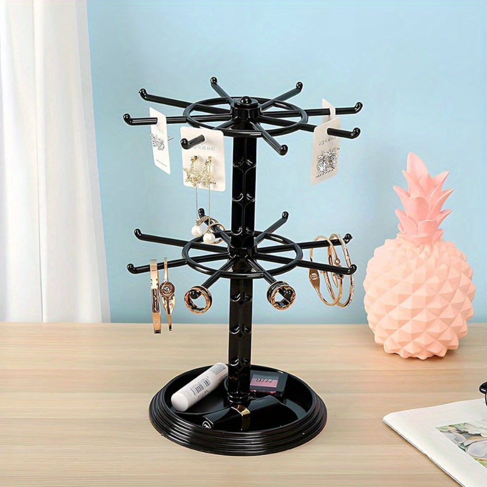 Rotating Jewelry Stand 2-Tier Black – Necklace Bracelet Earring Organizer Display Rack, Plastic Hanging Jewelry Tower for Dressing Table Counter, Keychain Holder, No Electricity Ne - product image