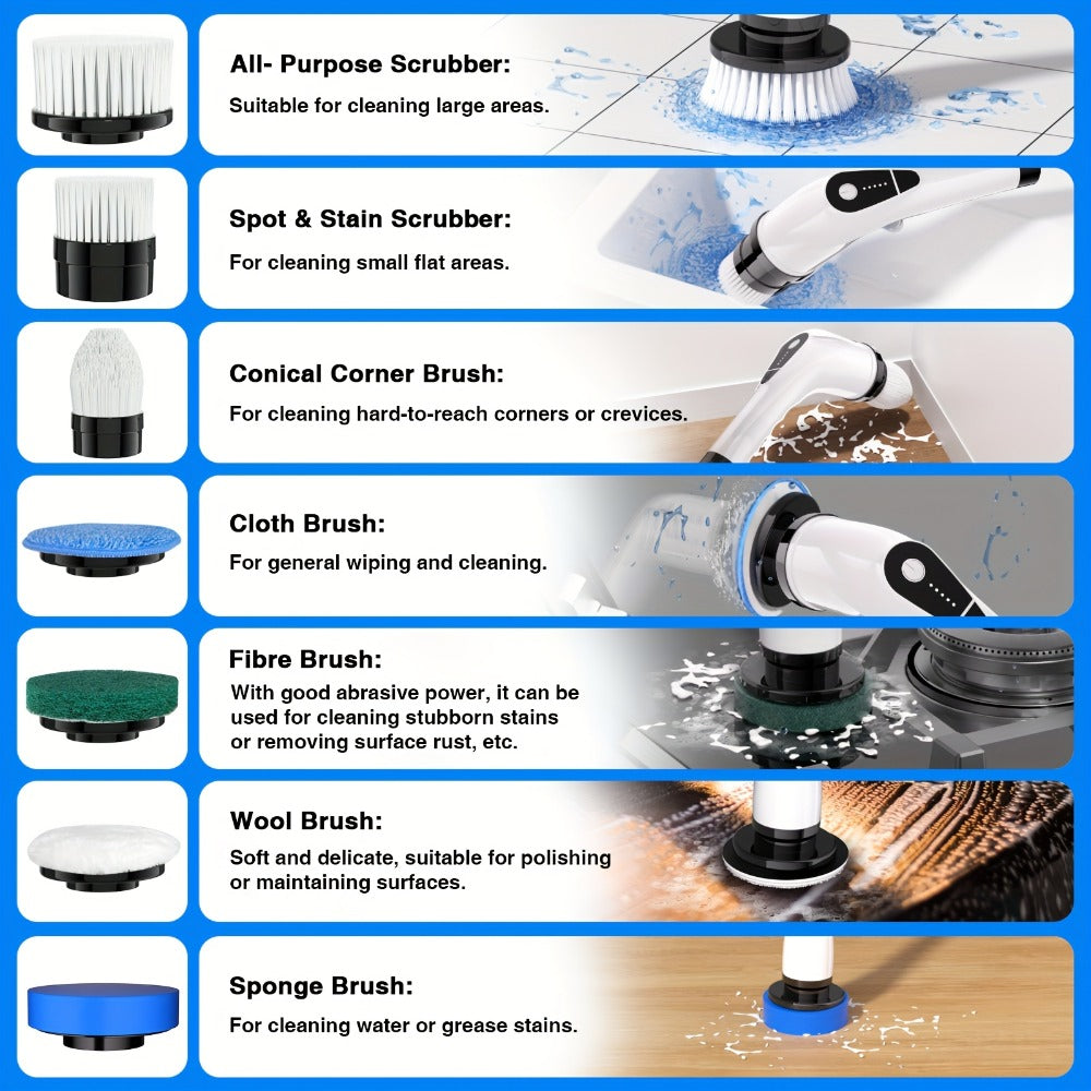 Electric Spin Scrubber Cordless, 7-in-1 Cleaning Brush with 7 Replaceable Heads, Dual Speed Adjustable, USB Rechargeable, Detachable Telescopic Handle for Bathroom Tile Kitchen Tub - product image 7