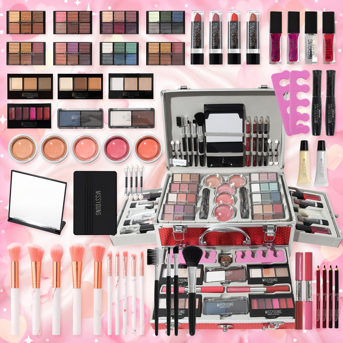 Professional Makeup Kit with Aluminum Travel Case & Mirror – Full Set Eyeshadow Blush Lipstick Foundation Eyeliner Mascara & Brushes, Gift for Women Girls Beginners, Silver & Red - product image 8