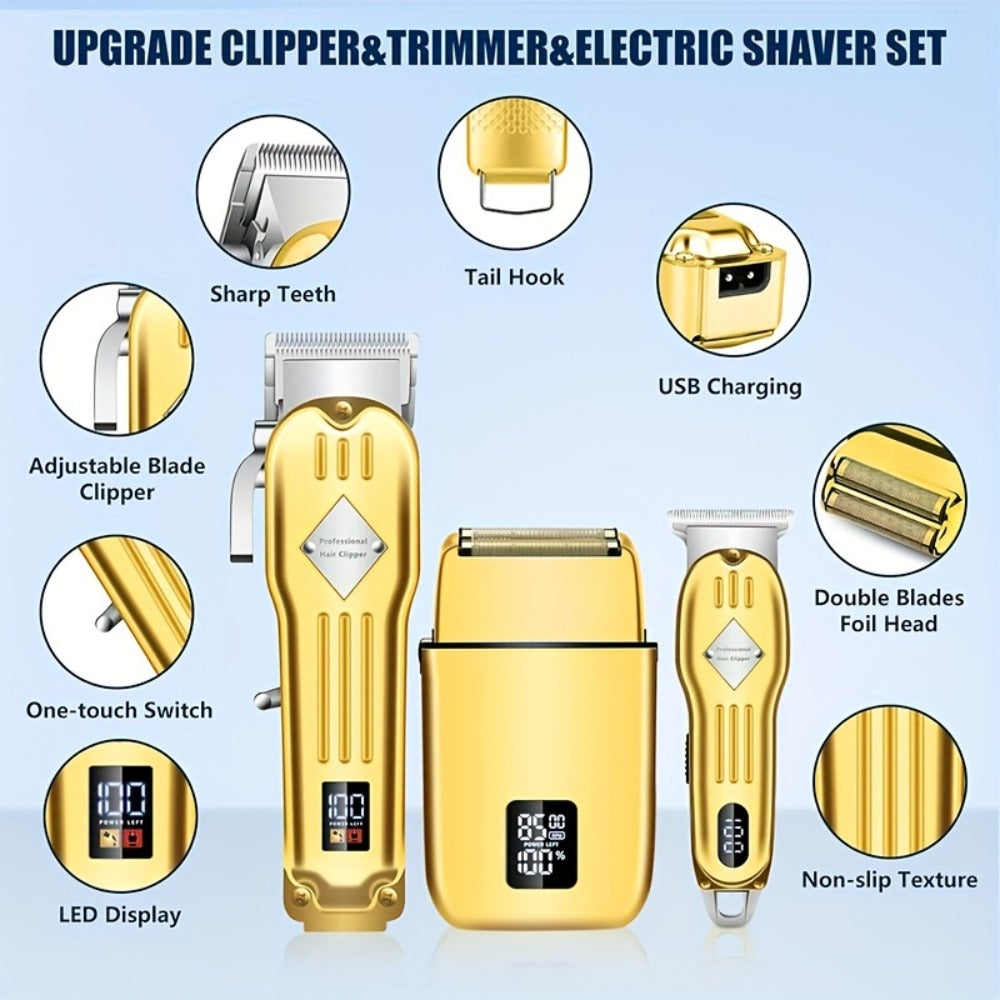 Foil Shaver Grooming Kit for Men 3-in-1 – Hair Clipper Detail Trimmer Adjustable Blades USB Rechargeable LCD Display Complete Barbershop Accessories Set Holiday Gift for Him - product image 2