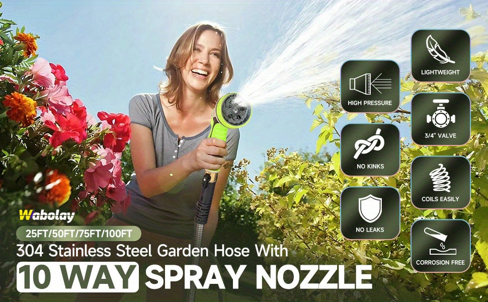 Stainless Steel Metal Garden Hose | Kink-Free, 10-Function Nozzle, Brass Fittings – 10FT to 150FT - product image 6