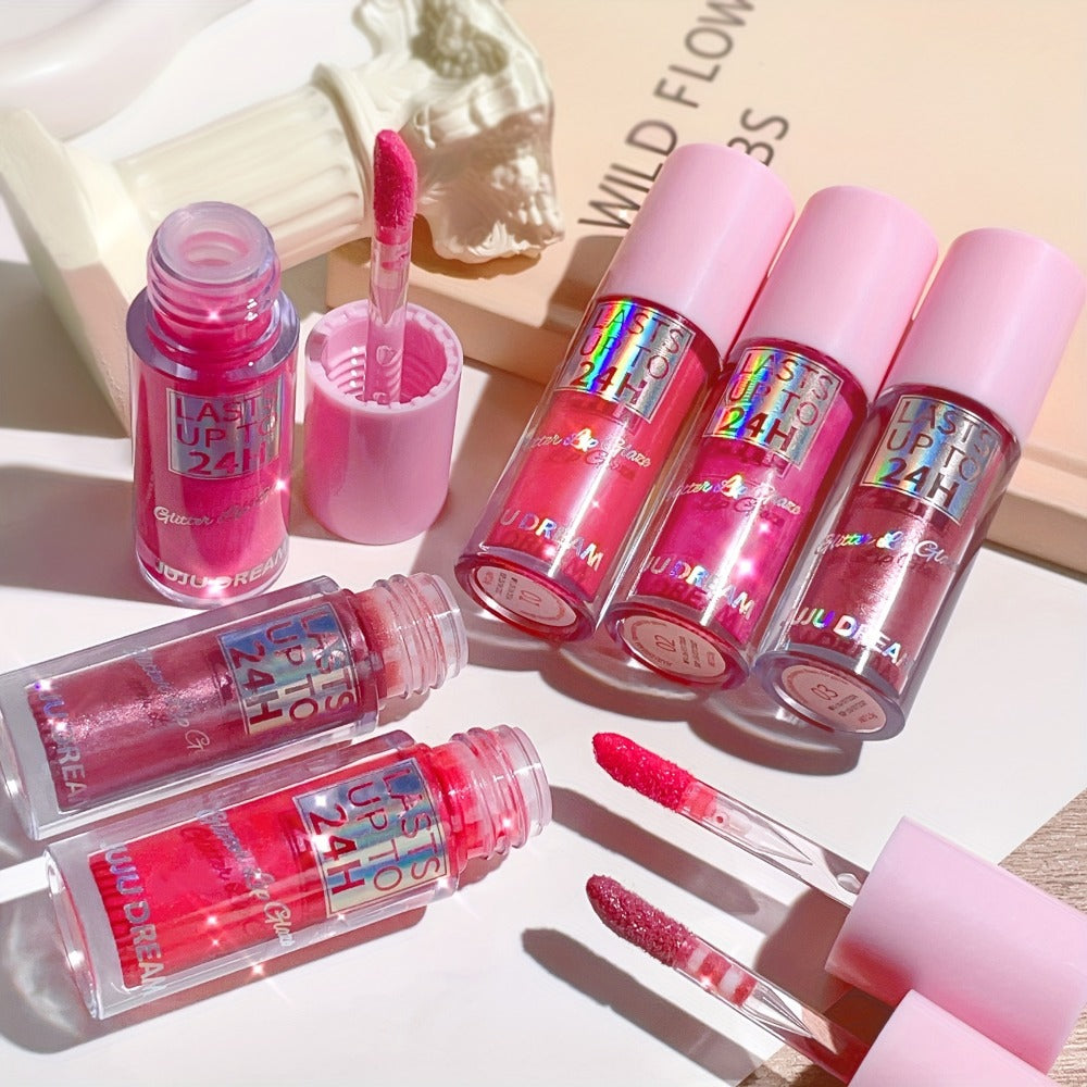 24H Waterproof Glitter Lip Gloss & Lip Stain Set 3PCS – Moisturizing Lip Oil Formula, Long-Lasting Smudge-Proof Glitter Shine in Berry Coral Pink Red Shades for Women All Skin Tone - product image 24