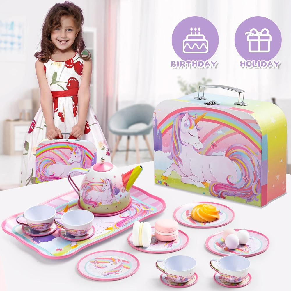 Pretend Play Pink Tin Teapot with Cups, Plates & Carrying Case, Magical Rainbow Design, Birthday Christmas Gift for Kids Ages 3+ | Unicorn Tea Party Set for - product image 6
