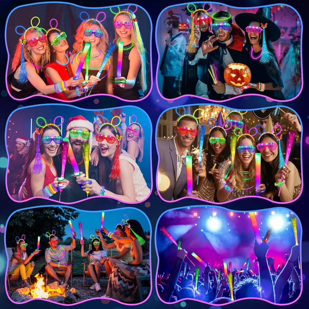Neon Glow Rings LED Glasses Glow Sticks & Fiber Optic Hair Clips for Blacklight Birthday Party, Wedding, Concert, Rave & New Year's Eve – Glow in the Dark Party Supplies 120 Piece Set
