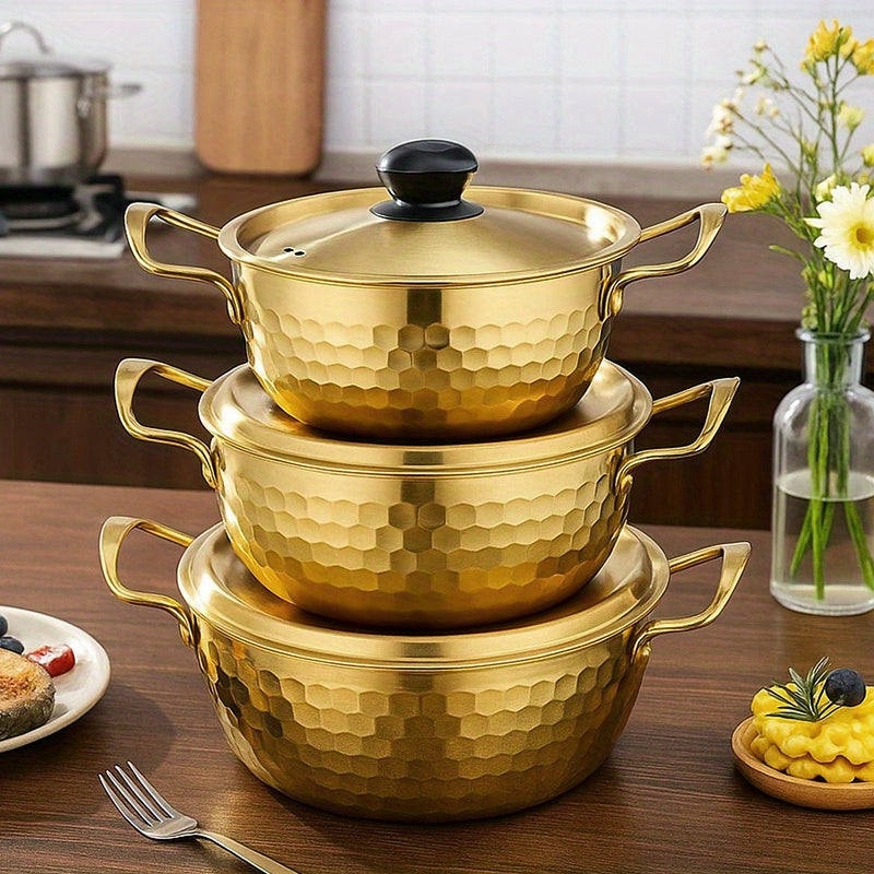 3-Piece Golden Stainless Steel Ramen Pot Set with Lids – Textured Surface Pots for Home Camping Outdoor Parties Picnics – Non-Stick Dishwasher Safe Cookware for Noodles Soups Curries