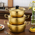 3-Piece Golden Stainless Steel Ramen Pot Set with Lids – Textured Surface Pots for Home Camping Outdoor Parties Picnics – Non-Stick Dishwasher Safe Cookware for Noodles Soups Curries