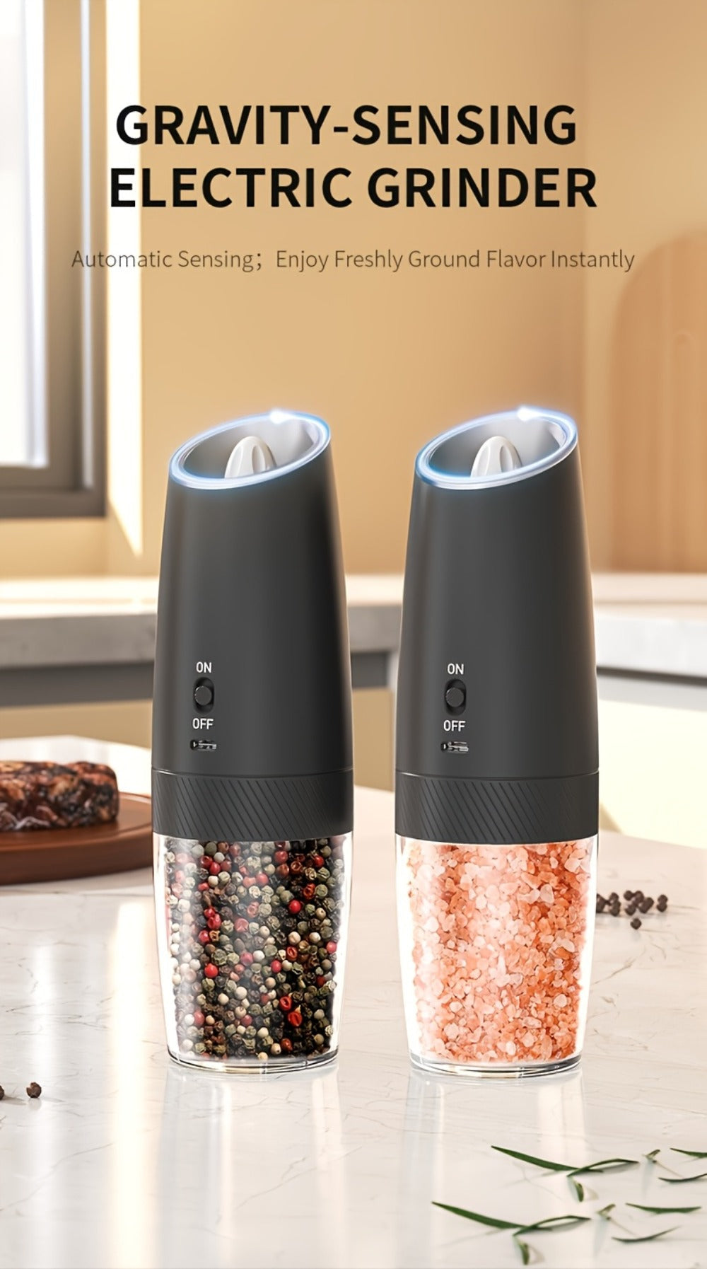 Electric Salt and Pepper Grinder Gravity Sensing USB Rechargeable with LED Light, One-Hand Operation Automatic Pepper Mill Adjustable Coarseness, Battery or Type-C Powered Kitchen  - product image 14