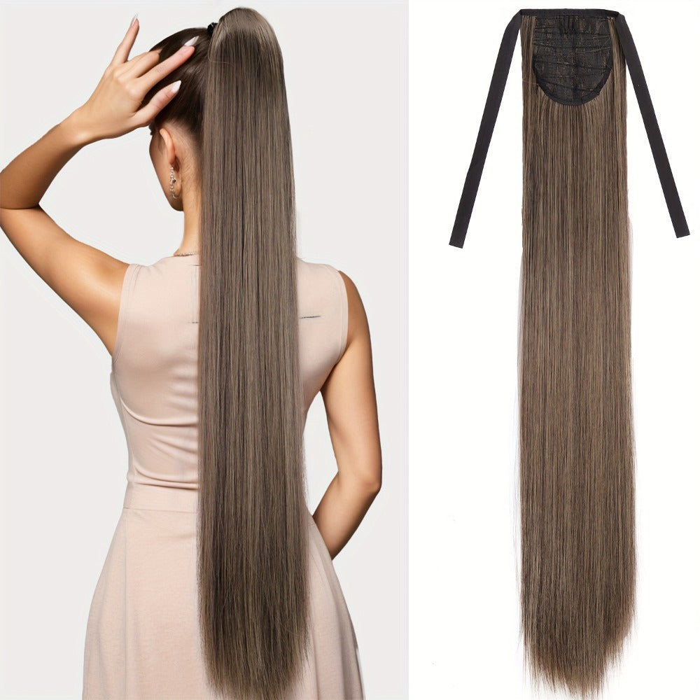 34 Inch Straight Ponytail Extension Ribbon Wrap – Long Sleek High Temperature Fiber Hairpiece for Women | Instant Wrap On Ponytail | Daily Wear Party Wedding | Brown Linen Champagn - product image 8