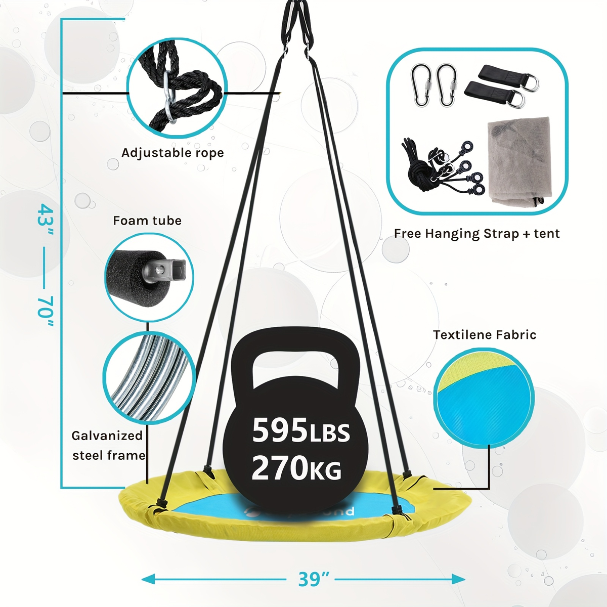 Flying Saucer Tree Swing 39"-43" | Textilene Fabric, UV & Tear Resistant, 360° Rotating with Adjustable Rope | Round Outdoor & Indoor Swing for Backyard & Garden, Multiple Colors