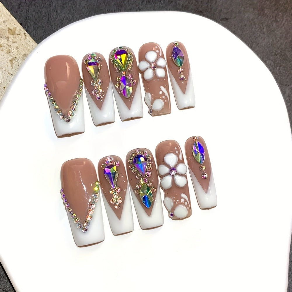 Press On Nails Square French Tip with AB Rhinestone & Handcrafted Floral Design – Nude White Glossy Luxury Nail Set 10pcs S/M/L for Wedding Bridal Party - product image 6