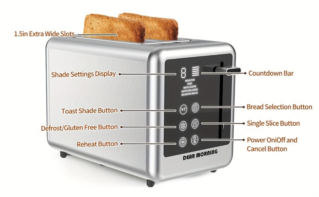 Stainless Steel Toaster 2-Slice Smart Touch Screen – 5 Bread Selections, 7 Shade Settings, Bagel/Defrost/Cancel/Reheat, 1.5" Wide Slot, Removable Crumb Tray - product image 15