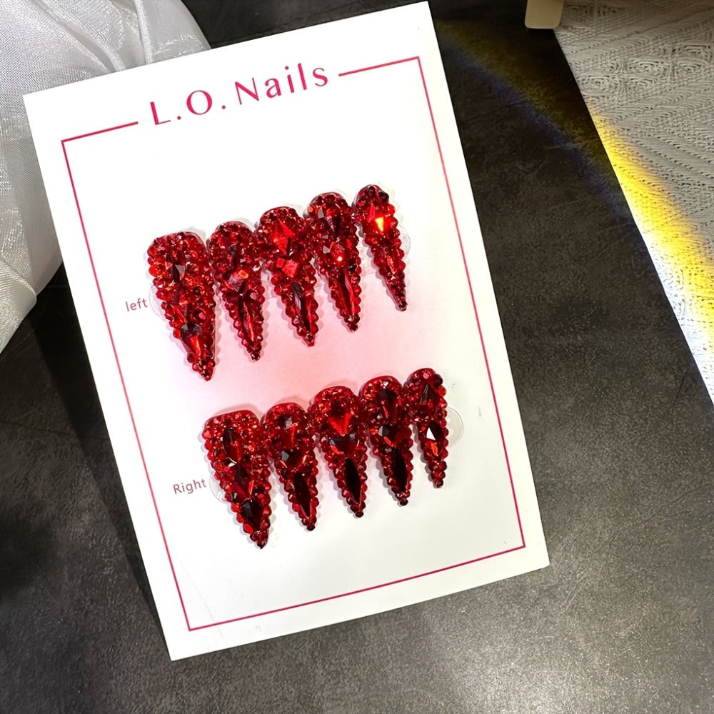 Long Press On Nails Water Drop Shape 10pcs 1.3 Inch Y2K Big Red Glass Glitter Luxury Handmade Reusable Salon Quality Spring Summer Wedding Party Birthday Gift Fake Nails S M L Size - product image 3
