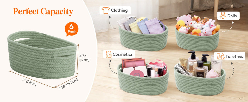 Woven Storage Baskets 6-Pack Cotton Rope Cube Bins 11x7x5" | Handmade Small Shelf Baskets for Organizing Closet Bedroom Living Room Playroom | Round Decorative Storage Caddy Multip - product image 17