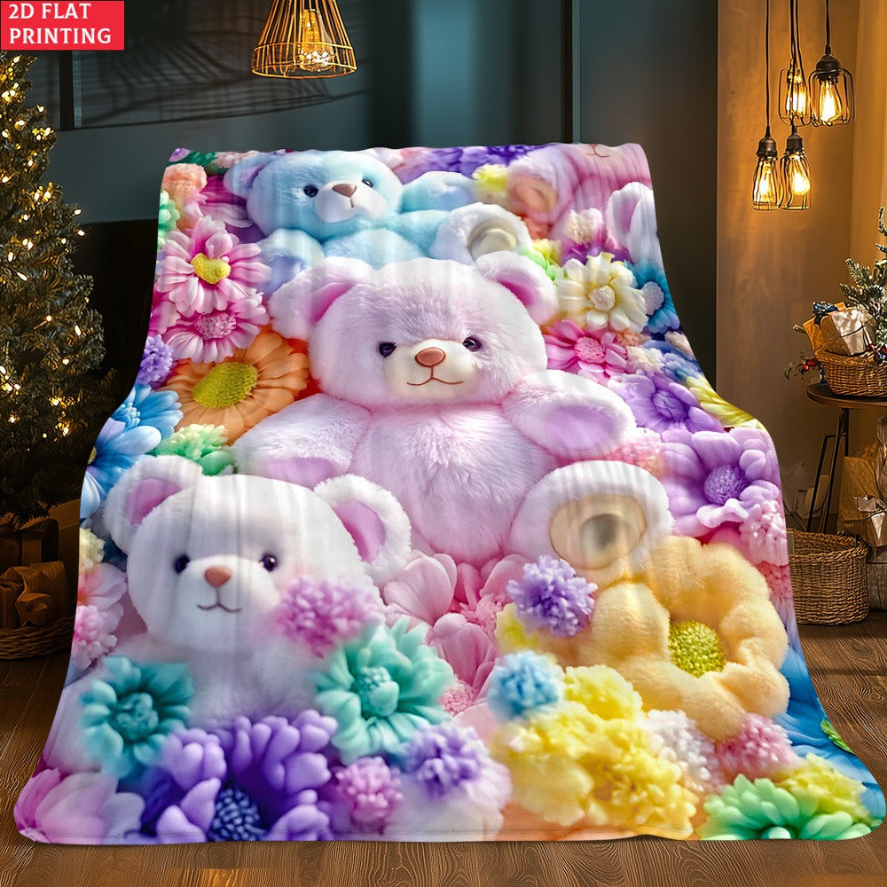 Teddy Bear Floral Blanket 2D Flat Print - Soft Lightweight Colorful Throw for Sofa Bed Travel Camping Office Living Room, Cute Animal Flower Pattern Home Decor Blanket - product image 6