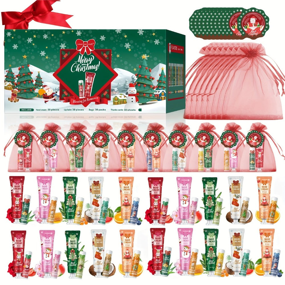 Bulk Gift Set 120 Pieces Lip Balm & Hand Cream with Red Velvet Bags & Holiday Cards — Moisturizing Party Favors for Colleagues, Employees & Friends - product image