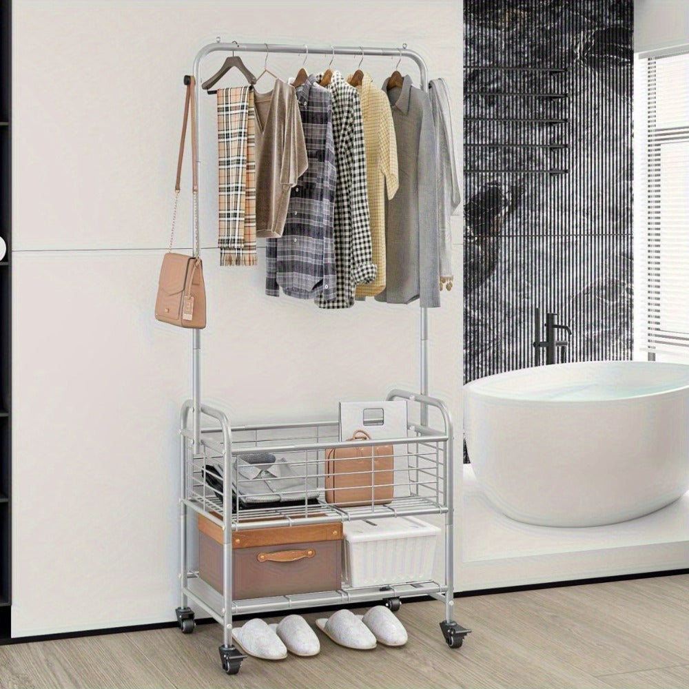 Rolling Laundry Basket with Wheels and Hanging Rack, Laundry Sorter Cart with Shelf and Locking Casters, Heavy Duty Steel Frame, Multifunctional Clothes Hamper for Laundry Room Bed - product image 9