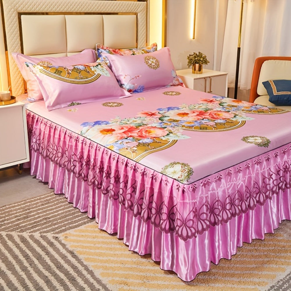 Floral Ruffle Bed Skirt Cool Mat 3 Piece Set with Pillowcase, Double Layer 360° Full Wrap Washable Cooling Mattress Cover, Breathable Summer Bedding Set for Twin Full Queen King, P - product image 15