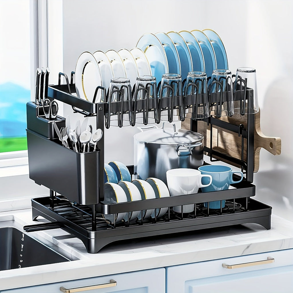 Dish Drying Rack 2 Tier with Drainboard for Kitchen Counter Metal Dish Drainer with Utensil Holder Cups Organizer Space Saving Kitchen Drying Rack Black White - product image 12