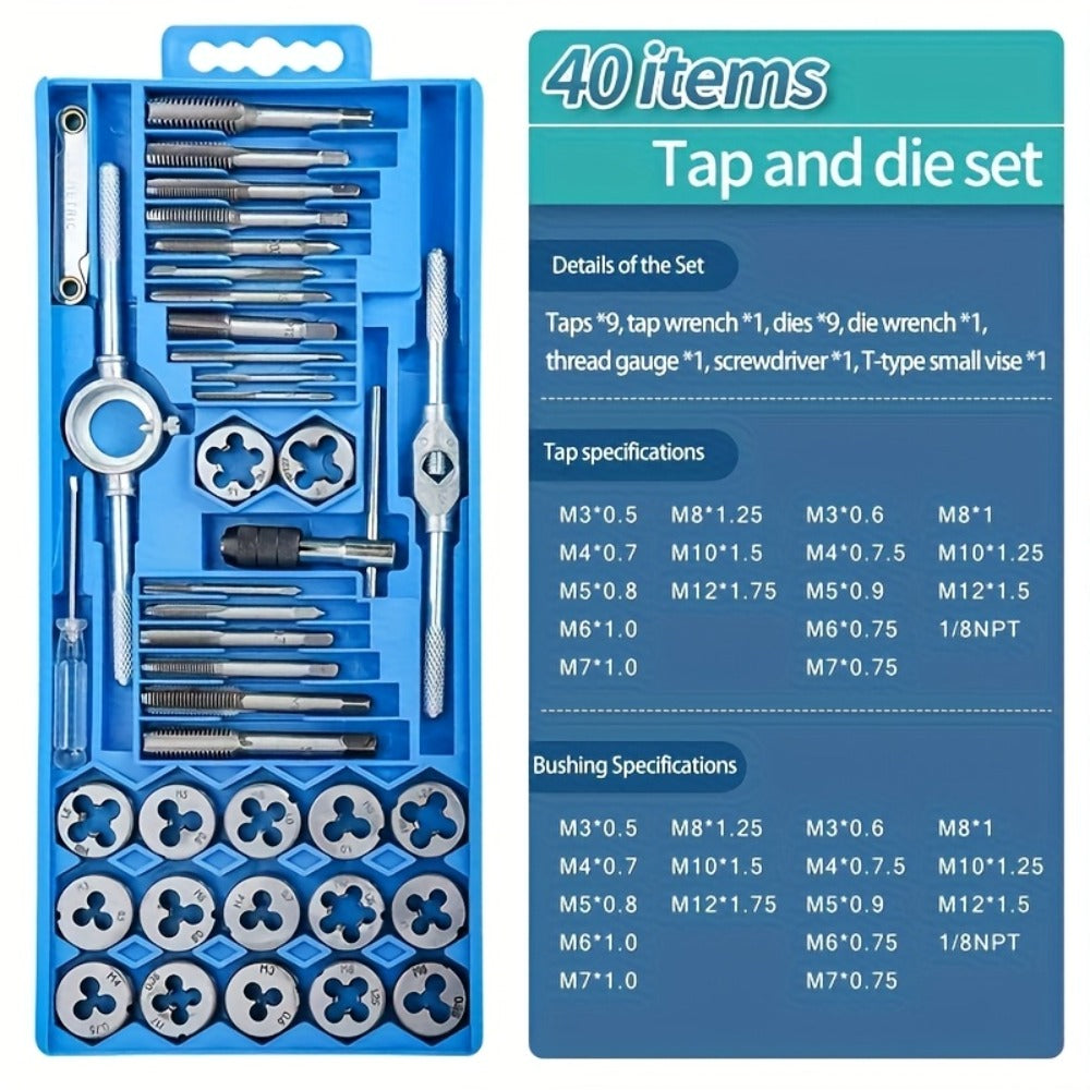Metric Tap and Die Set 12pcs or 40pcs, M3-M12 Hand Thread Tapping Tool Kit with Plug Taps, Straight & Cone Reamers, Manual Threading Tool for DIY, Household Repair & Metalworking - product image 2