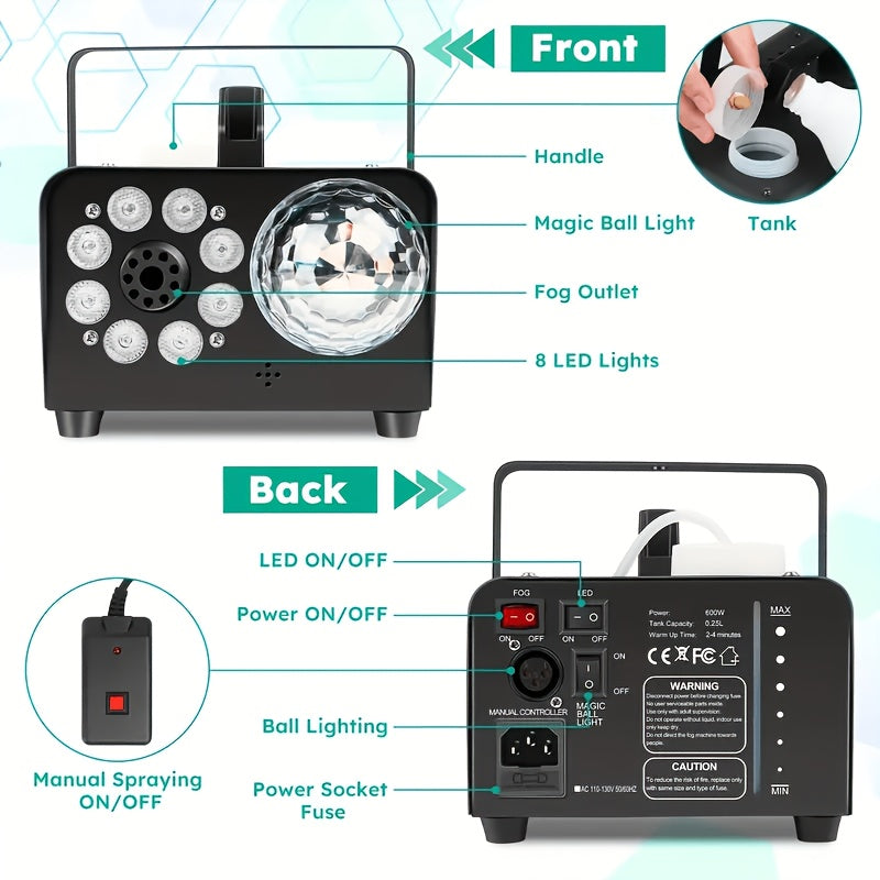 Smoke Machine, Fog Machine with Disco Ball Lights, 600W and 3000CFM with 13 Colorful LED Lights Effect, Wireless Remote Control, Suitable for Parties - product image 13