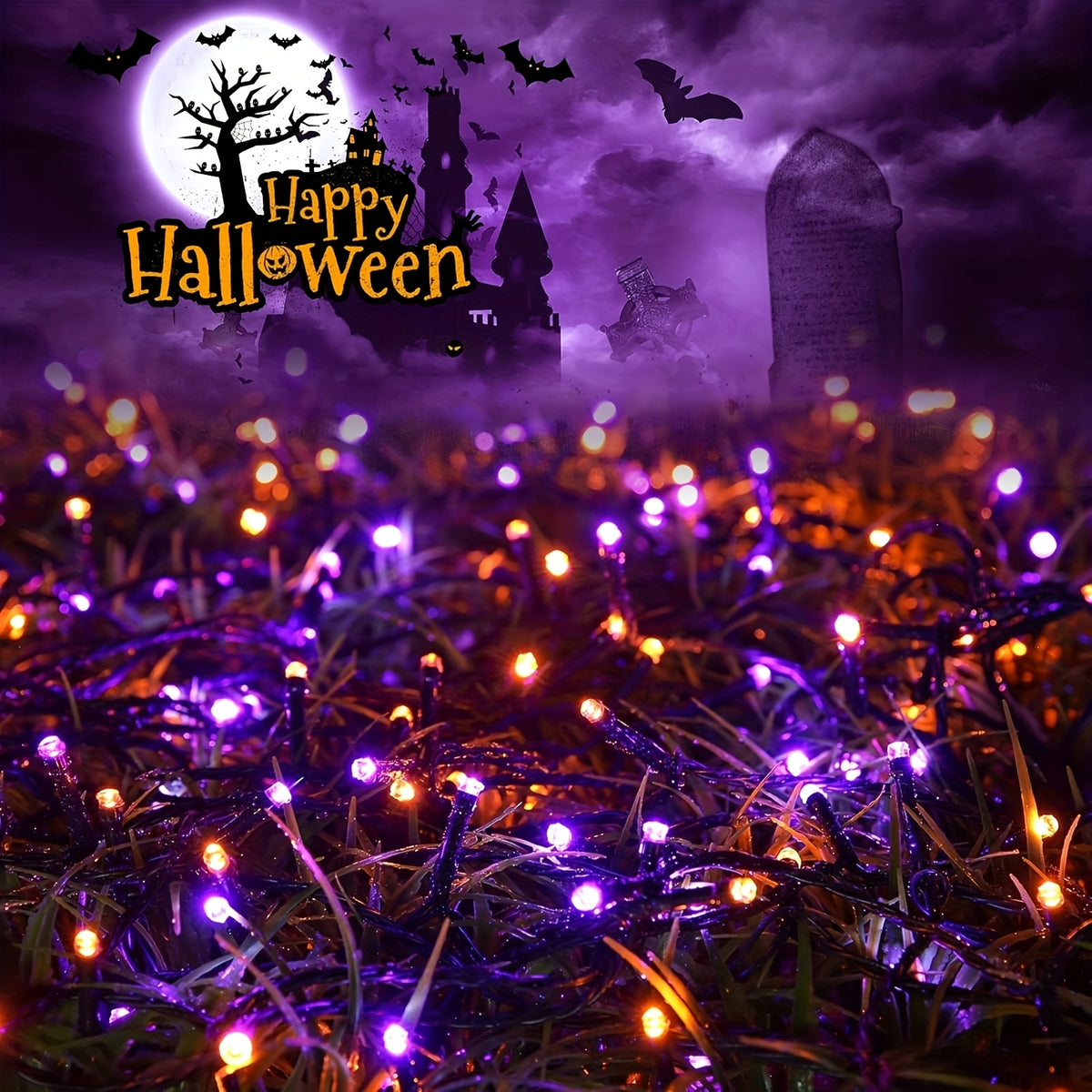 1 Pack of Solar Halloween String Lights, Spooky Vibe 39FT-100LED Fairy Lights in Orange and Purple for a Creepy Atmosphere, IP65 Outdoor Splash-Proof - product image 8