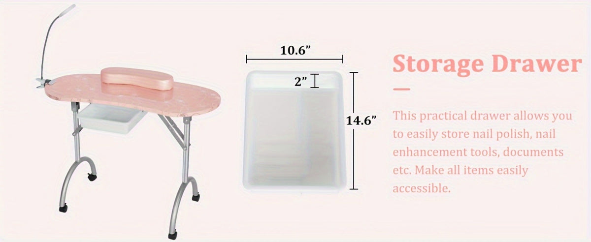 Foldable Nail Table with LED Lamp Drawer Lockable Wheels Wrist Cushion & Carrying Bag – Portable Manicure Station for Nail Salon Technician Home Studio White - product image 16