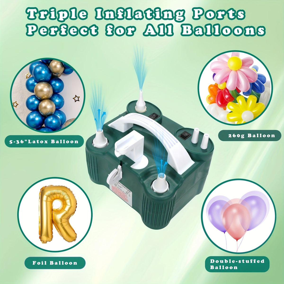 Electric Balloon Pump 3-in-1 Carry-along Inflator Deflator Fast Inflation for 260Q Foil Mylar Latex Double-Stuffed Balloons Pool Inflatables No Battery Required