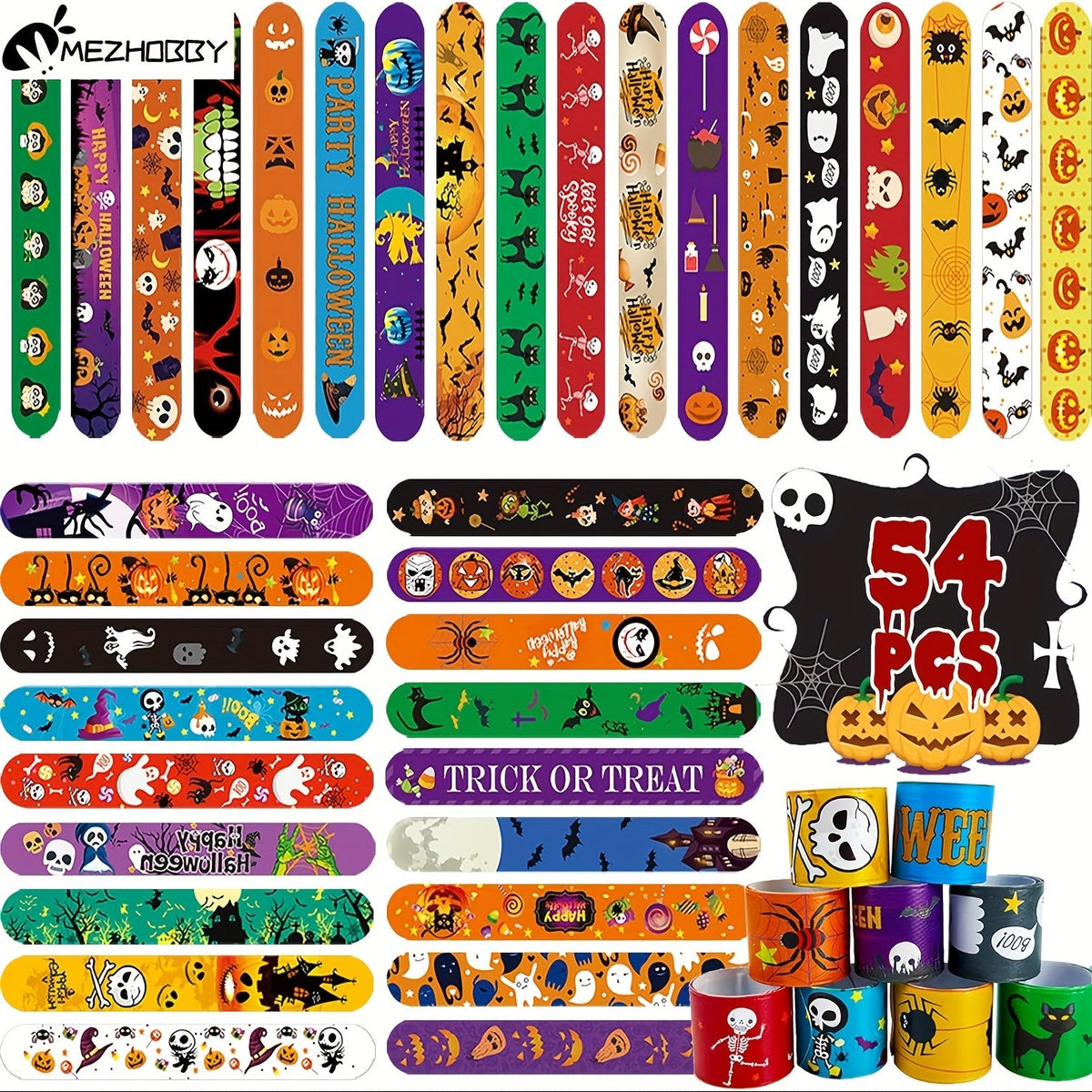 54/100PCS Halloween Party Favors for Boys & Girls, Spooky Treat Bag Stuffers, Classroom Goodie Gifts, Halloween Toy Accessories | Halloween Slap Bracelets Bulk for Kids
