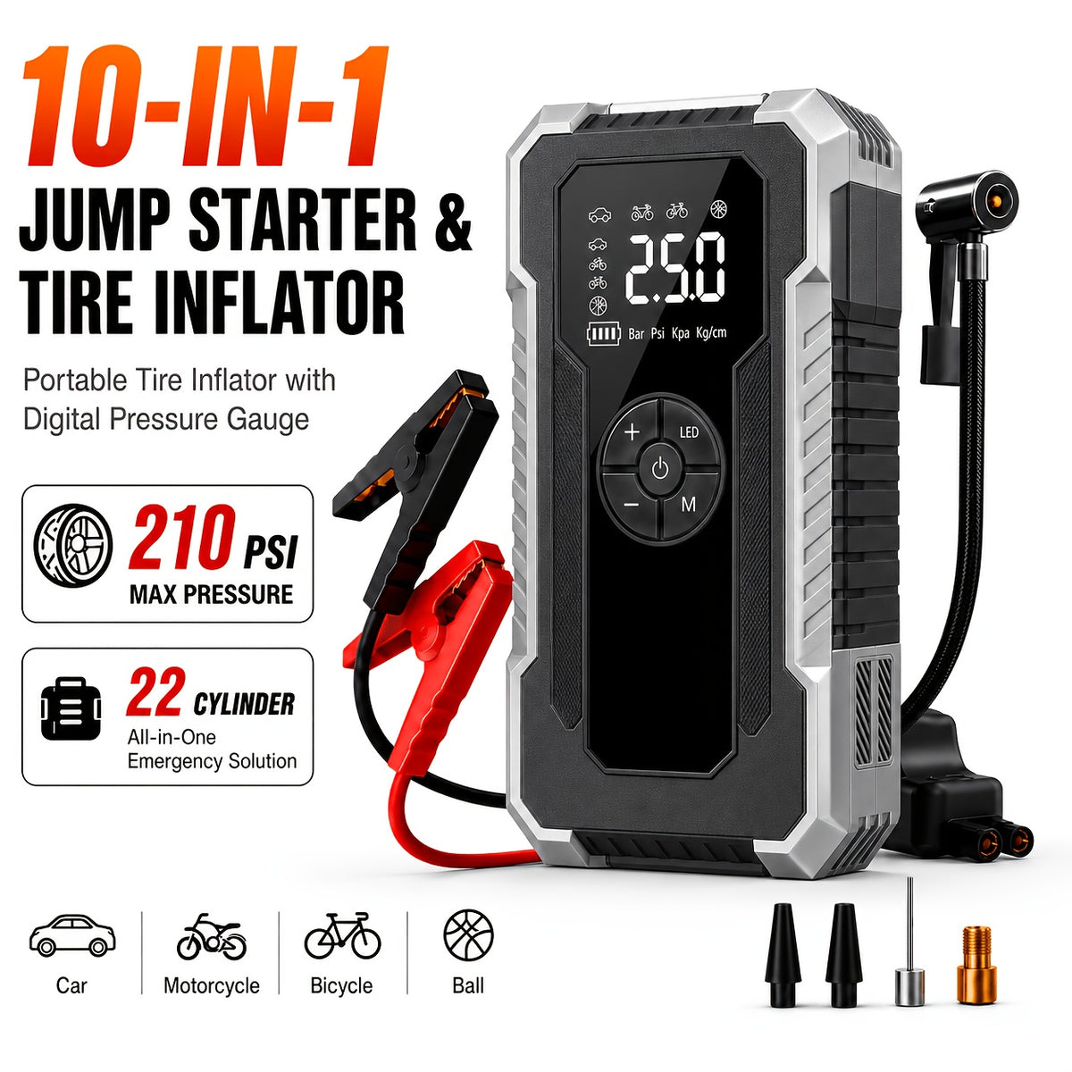Portable Tire Inflator with Digital Pressure Gauge, Portable Air Compressor, 150PSI/210 PSI, 22 Cylinders, Built-In 12V Car Emergency Jump Starter and Battery - product image 7