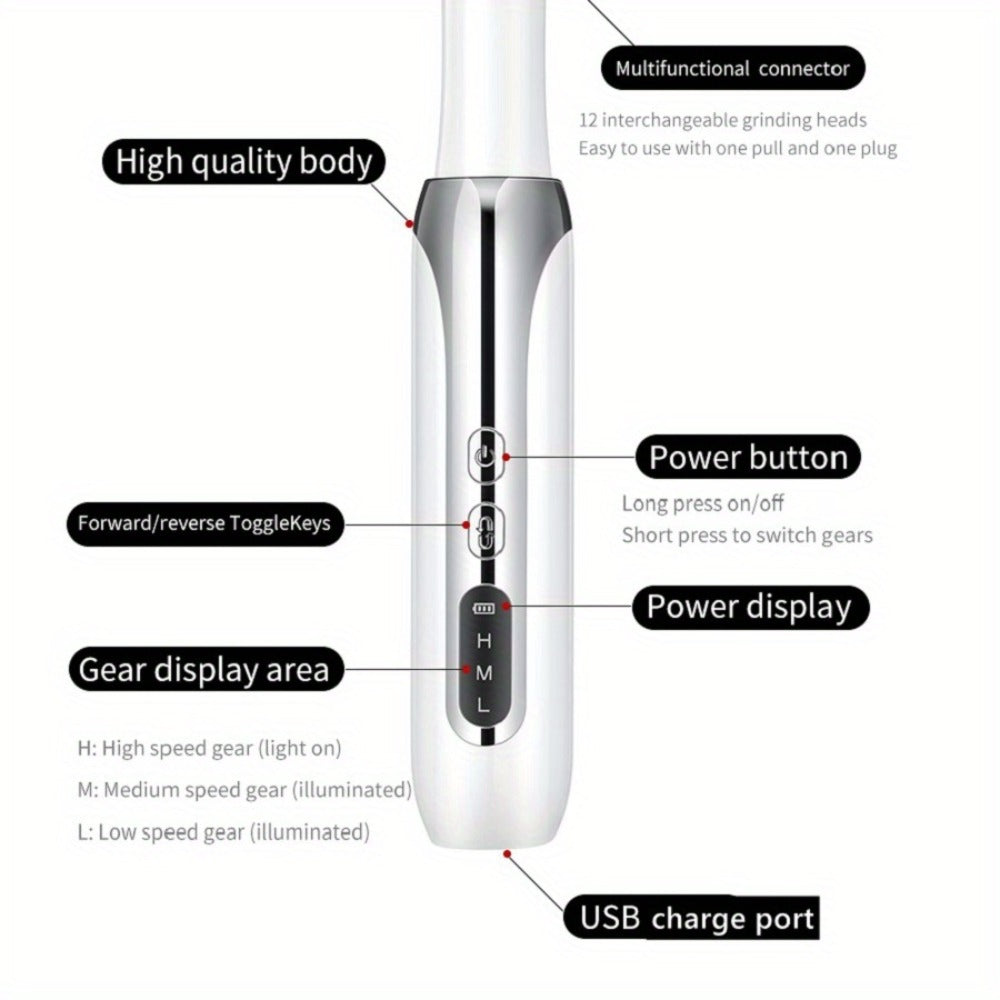 Electric Nail Drill Cordless USB Rechargeable 12 Bits Sanding Bands Manicure Pedicure Kit Low Noise Portable Pen Style Home Salon Beginner Professional Golden White - product image 17