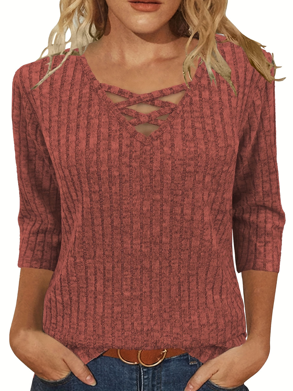 Casual Pullover with 3/4 Sleeves for Women, Featuring a Light and Loose Fit, and a Cross V-Neck Design - product image 3